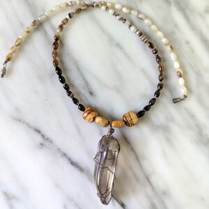 Earthy Beaded Necklace with Smoky Pendant Crystal